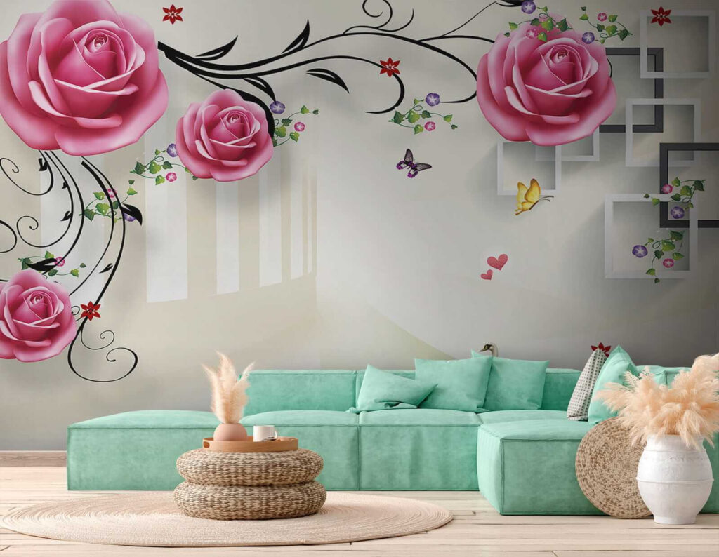 Wallpaper with roses and birds