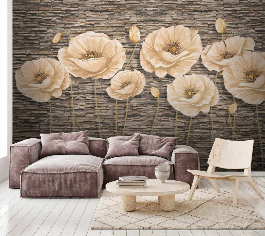 Group of flowers on a brick wall Group of flowers on a brick wall