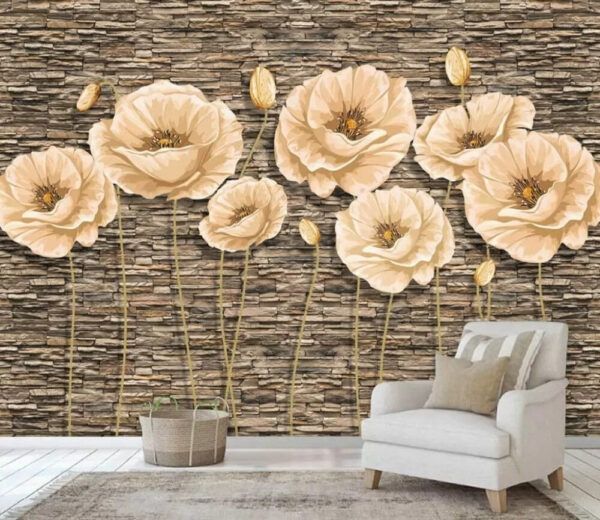Group of flowers on a brick wall Group of flowers on a brick wall