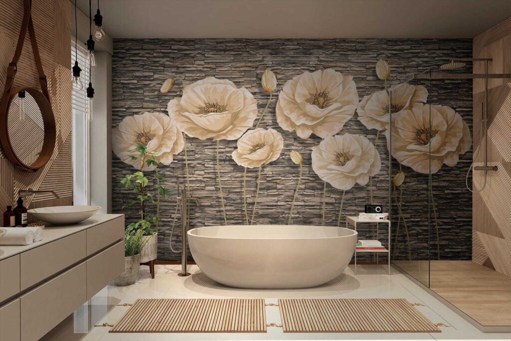 Group of flowers on a brick wall Group of flowers on a brick wall