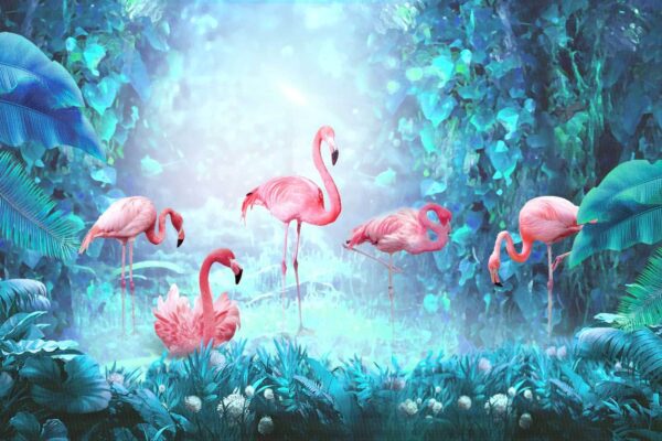 Group of pink flamingos in a forest Group of pink flamingos in a forest