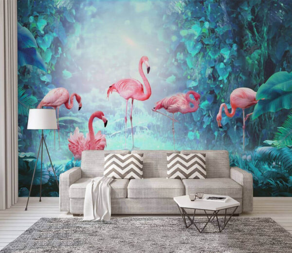 Group of pink flamingos in a forest Group of pink flamingos in a forest