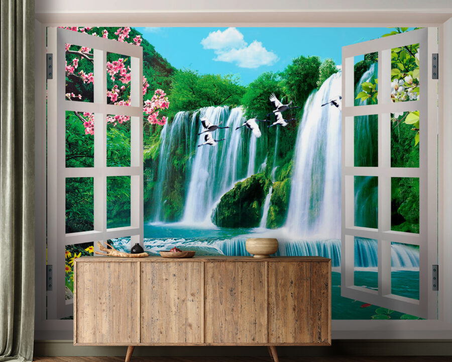 Window with a waterfall and birds flying through it