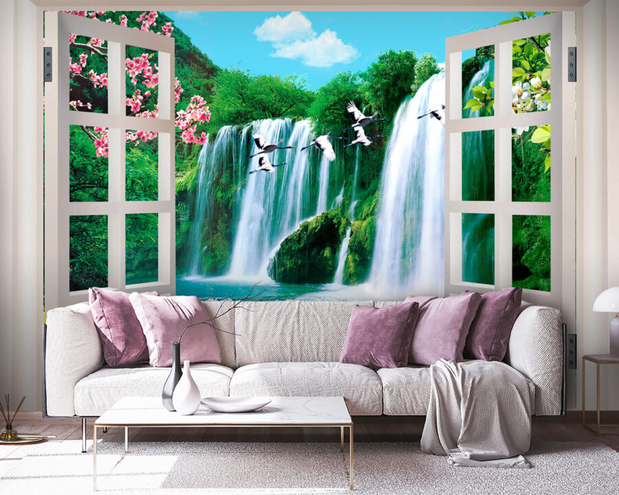 Window with a waterfall and birds flying through it