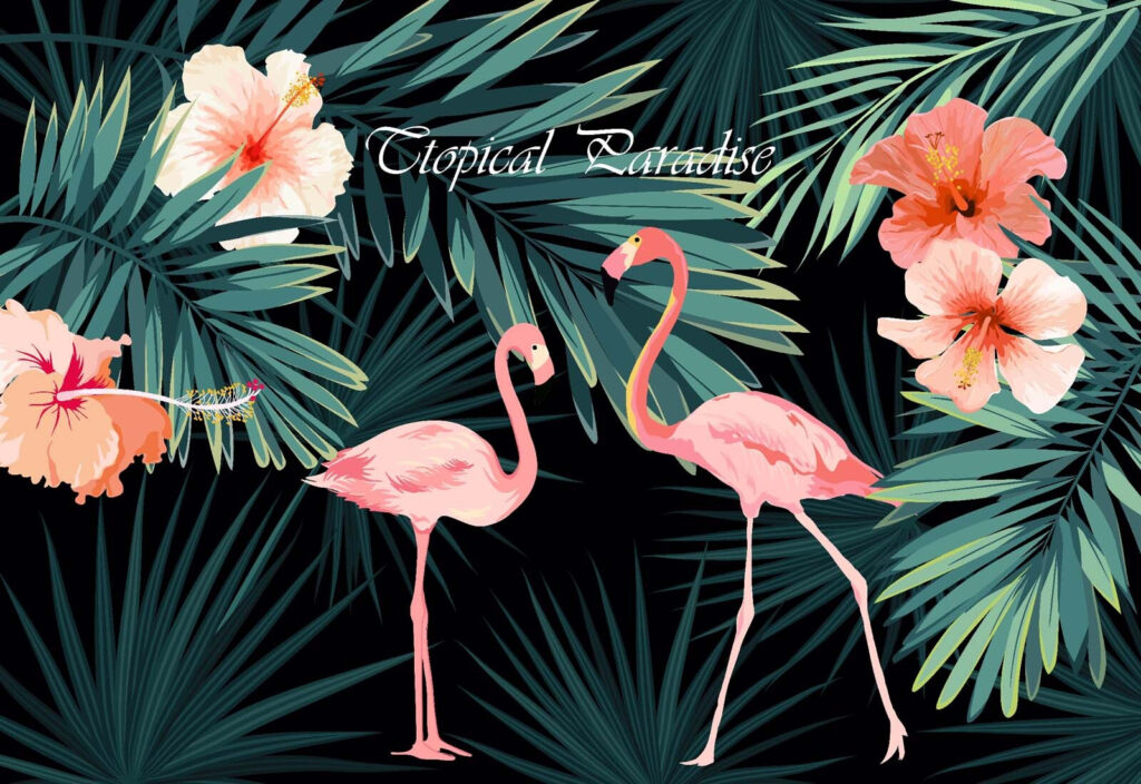 Couple of pink flamingos and flowers Couple of pink flamingos and flowers