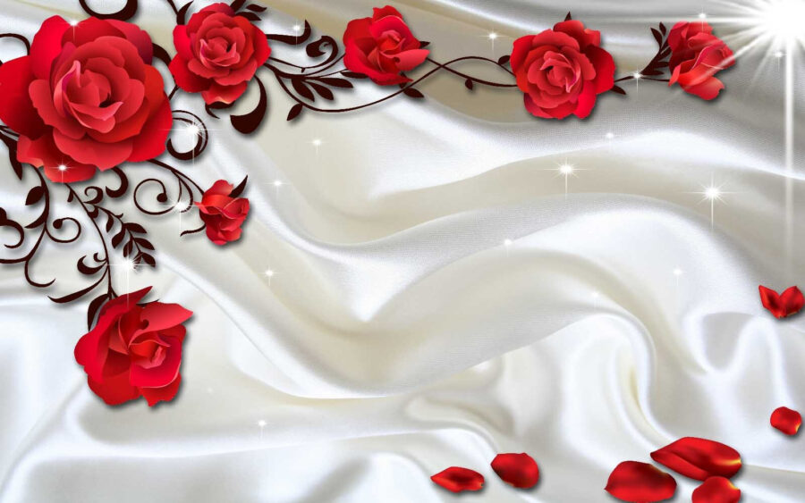 White satin with red roses and petals