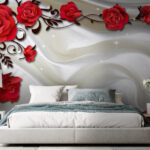 Wall murals White satin with red roses and petals