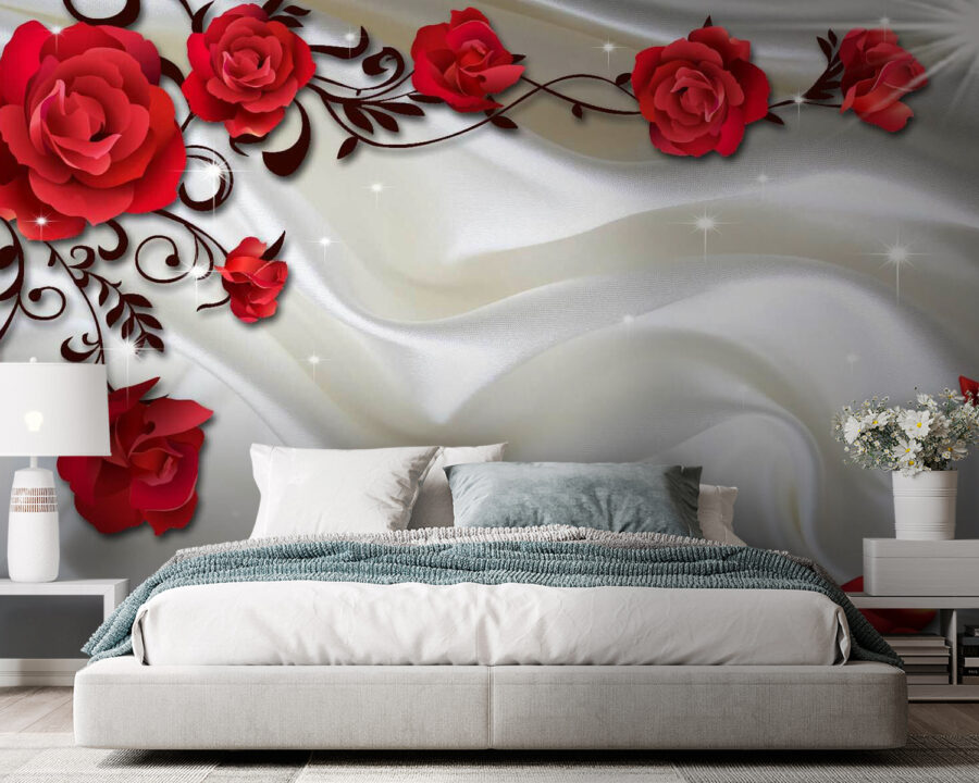 White satin with red roses and petals