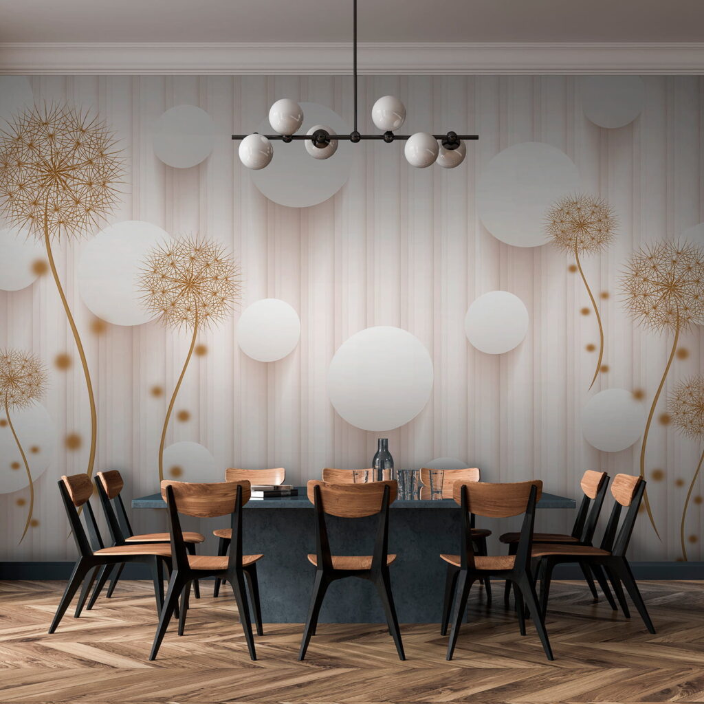 White circles and dandelions on a white background