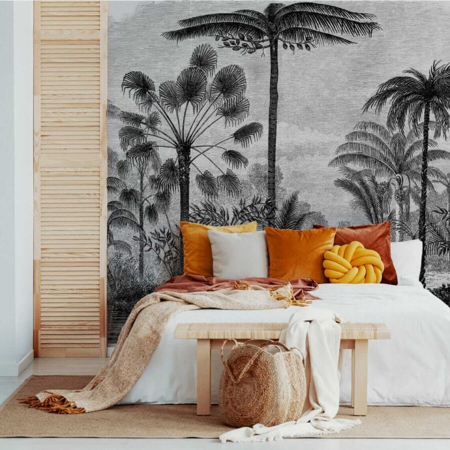 Black and white drawing of palm trees