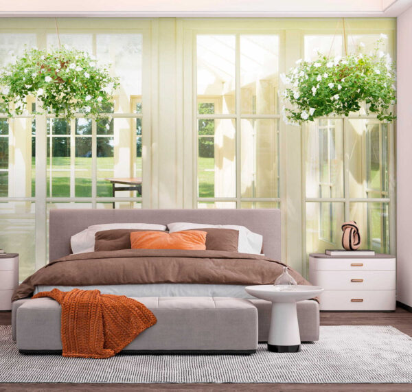 White patio door with glass windows and a potted plant from it White patio door with glass windows and a potted plant from it