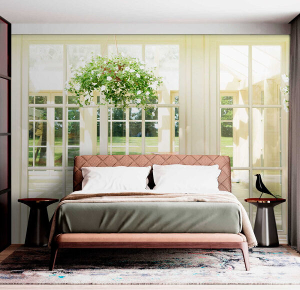 White patio door with glass windows and a potted plant from it White patio door with glass windows and a potted plant from it