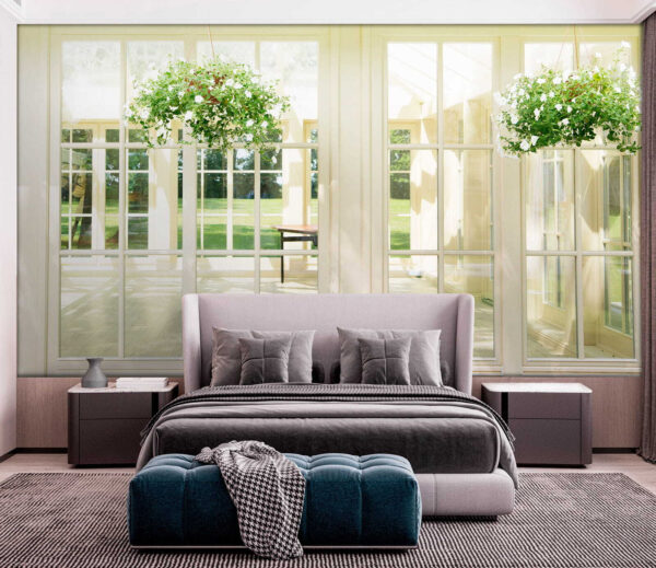 White patio door with glass windows and a potted plant from it White patio door with glass windows and a potted plant from it