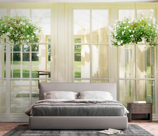 White patio door with glass windows and a potted plant from it White patio door with glass windows and a potted plant from it