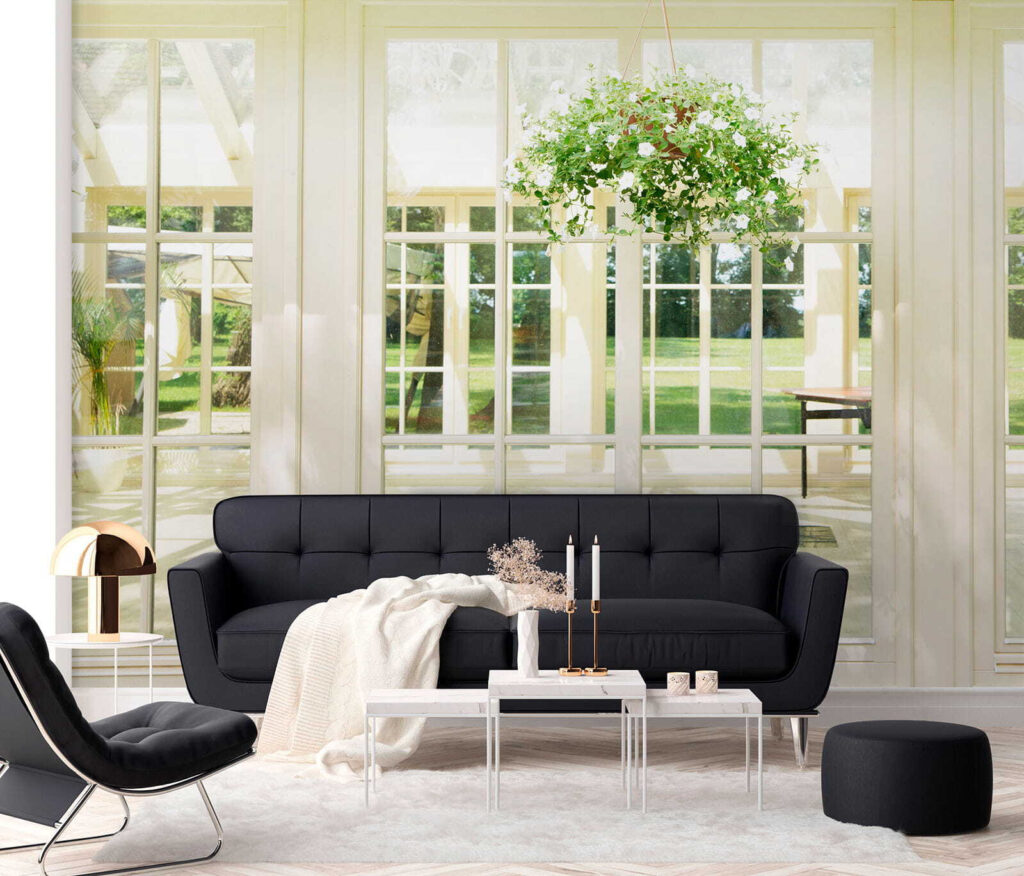 White patio door with glass windows and a potted plant from it White patio door with glass windows and a potted plant from it