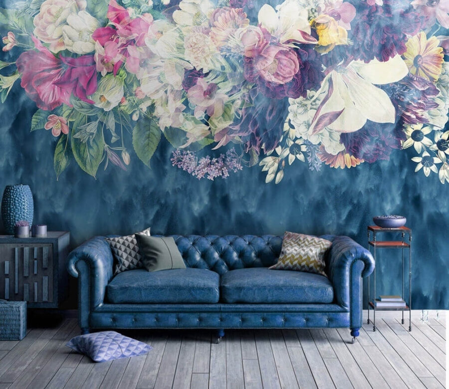Group of flowers in a blue background