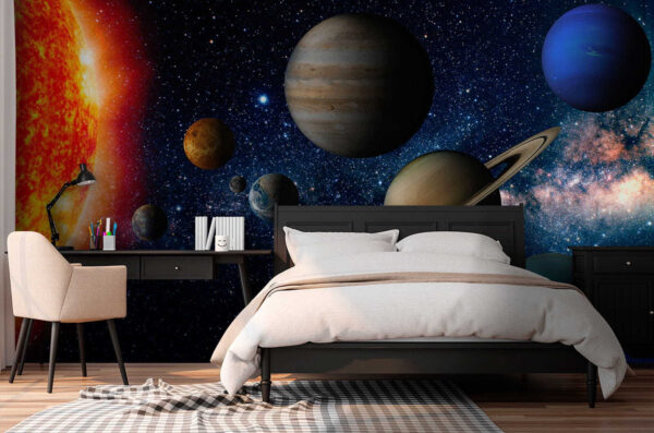 Planets in space with stars and a bright star Planets in space with stars and a bright star