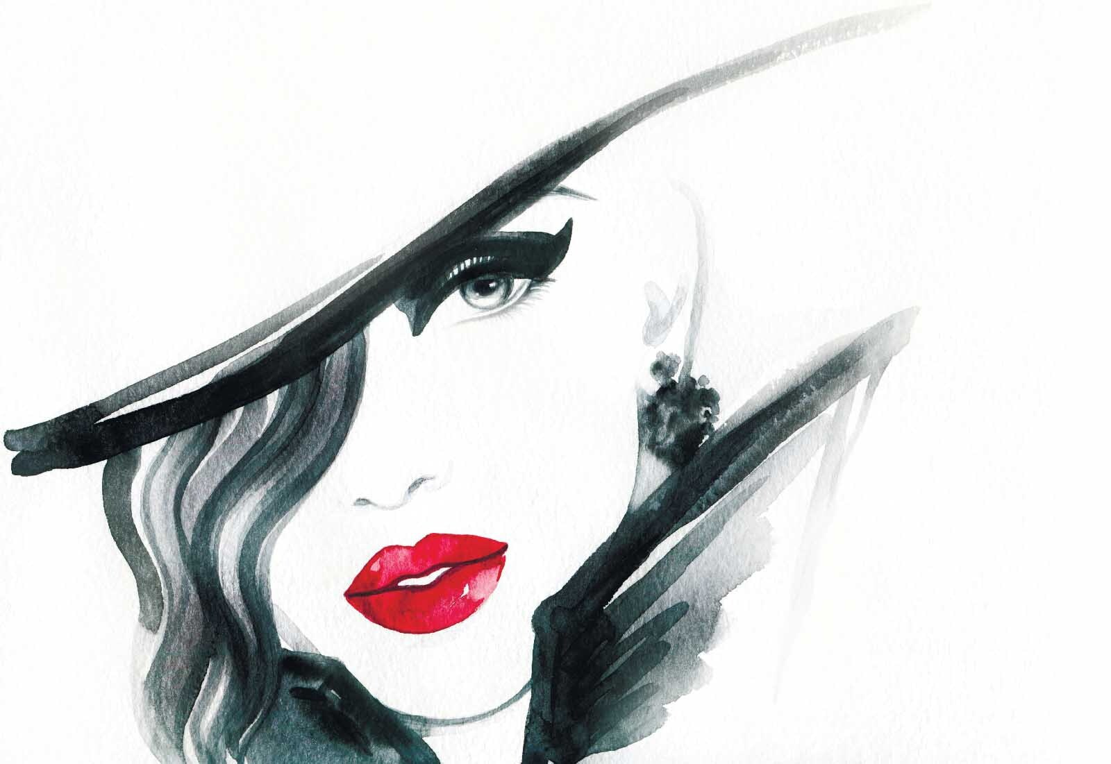 Woman with red lips and black hat