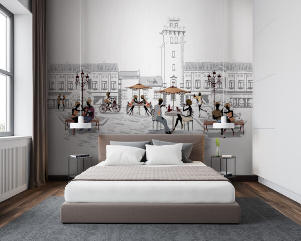 Group of people sitting on benches in a city Wall murals Group of people sitting on benches in a city