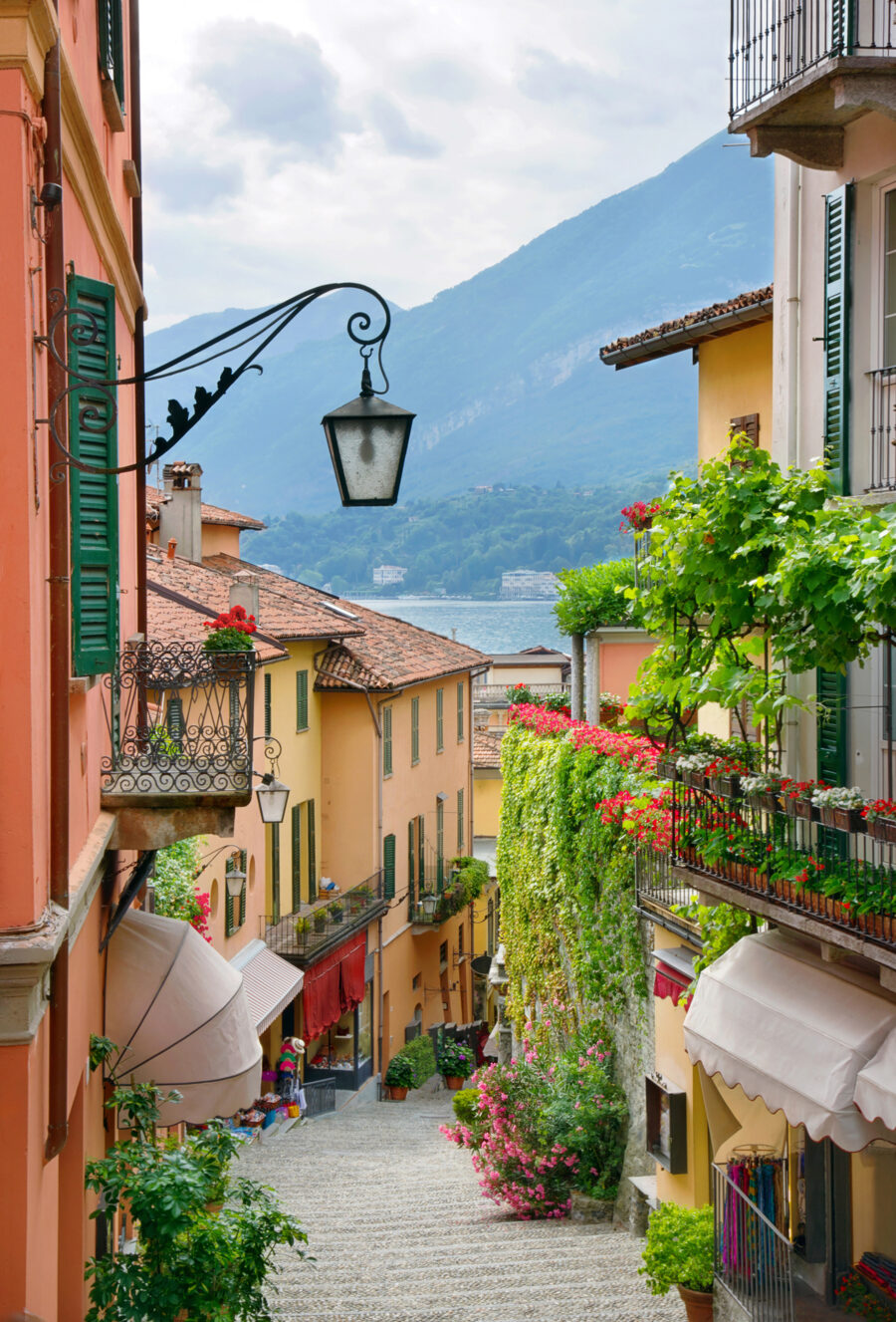 Street with a lamp and flowers on it