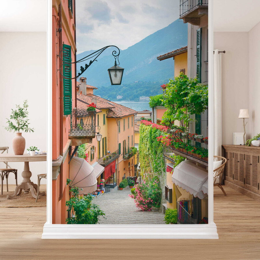 Street with a lamp and flowers on it