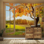 Wall murals Window with trees and a river