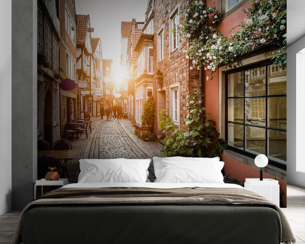 Street with buildings and tables and chairs Street with buildings and tables and chairs