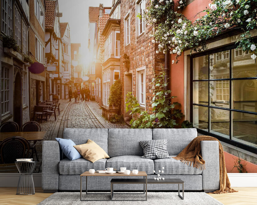 Wall murals Street with buildings and tables and chairs