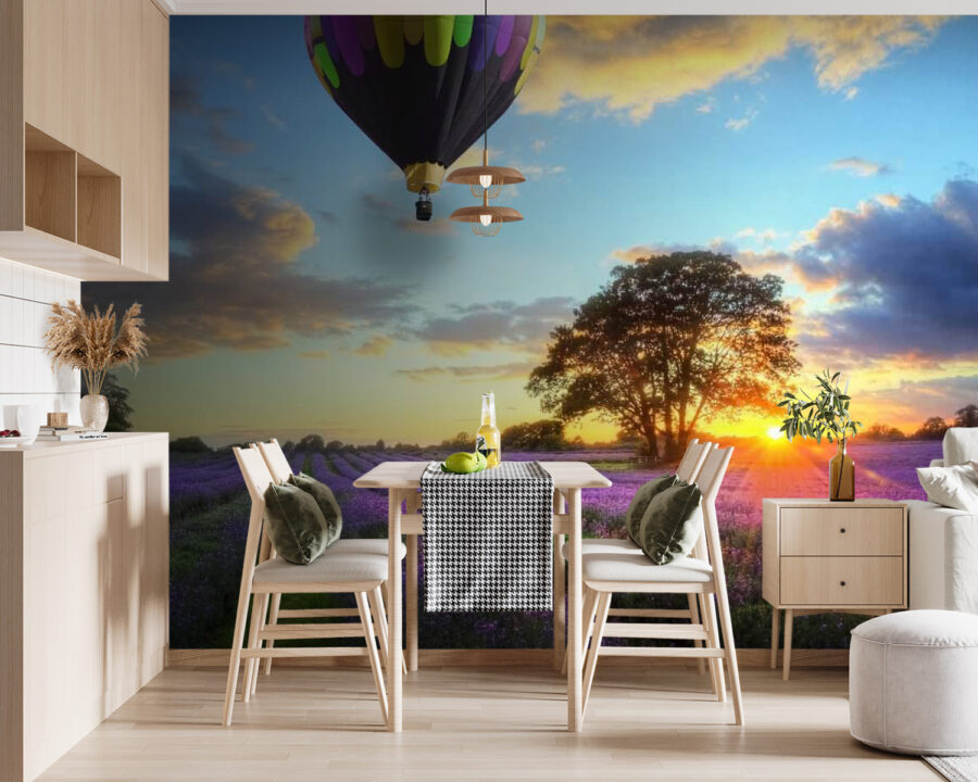 Group of hot air balloons flying over a field of flowers