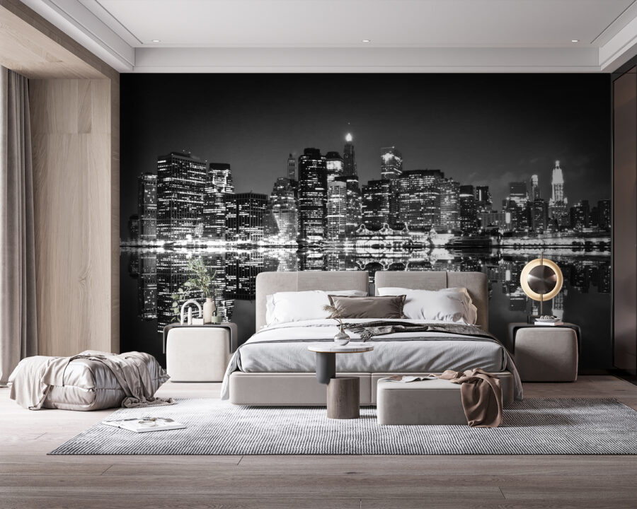 Wall murals City skyline at night with lights reflecting on water - Image 2