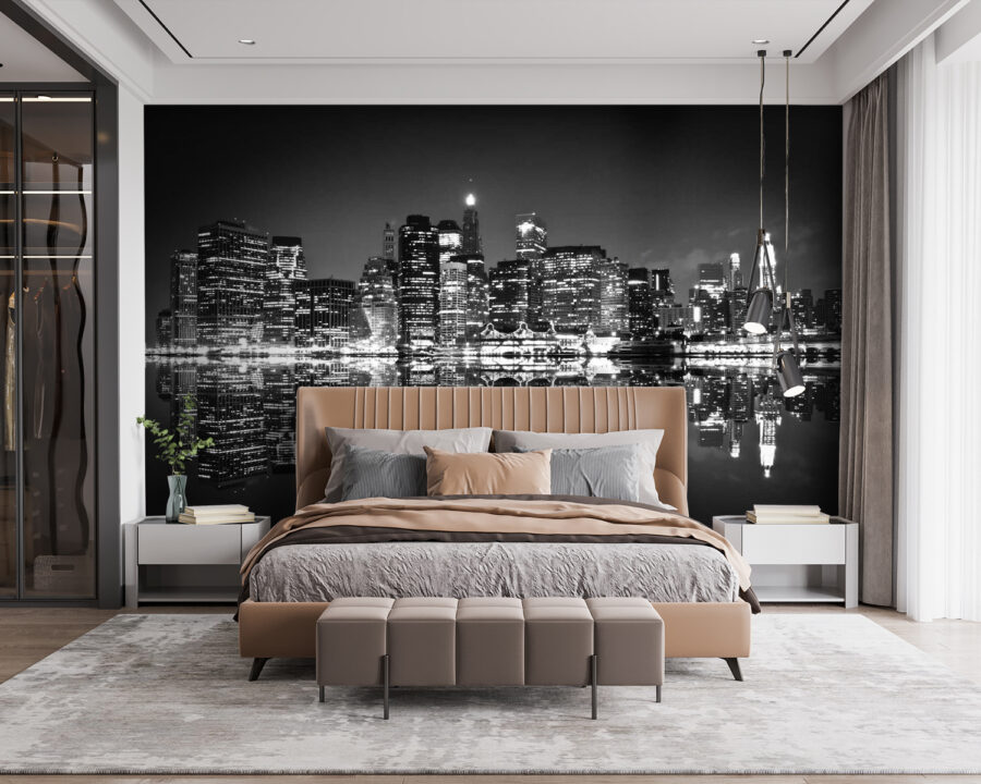 Wall murals City skyline at night with lights reflecting on water