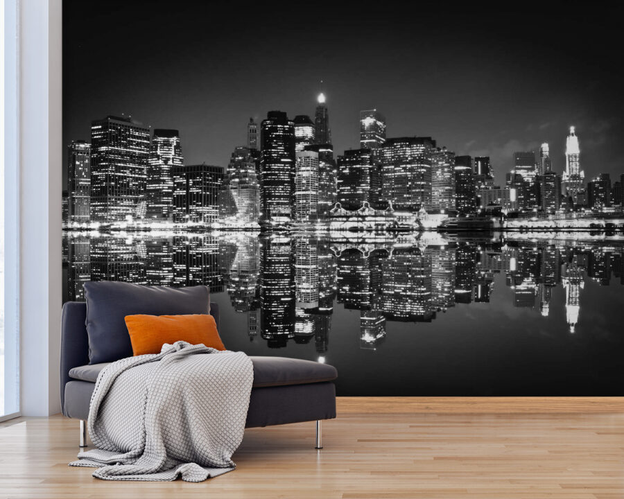 Wall murals City skyline at night with lights reflecting on water - Image 3