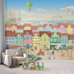 Wall murals Cartoon town with many buildings and a ferris wheel