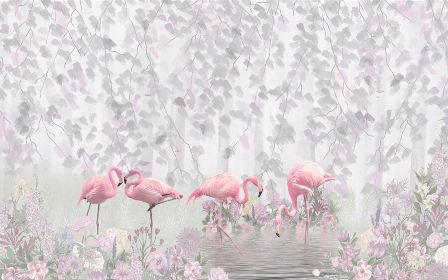 Group of pink flamingos in a pond with flowers u60027p 900x563 - Group of pink flamingos in a pond with flowers - tegory