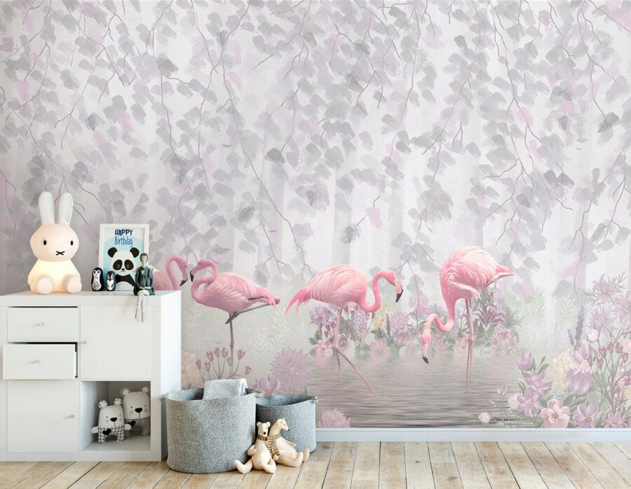 Group of pink flamingos in a pond with flowers u60027pir1 900x698 - Group of pink flamingos in a pond with flowers - tegory