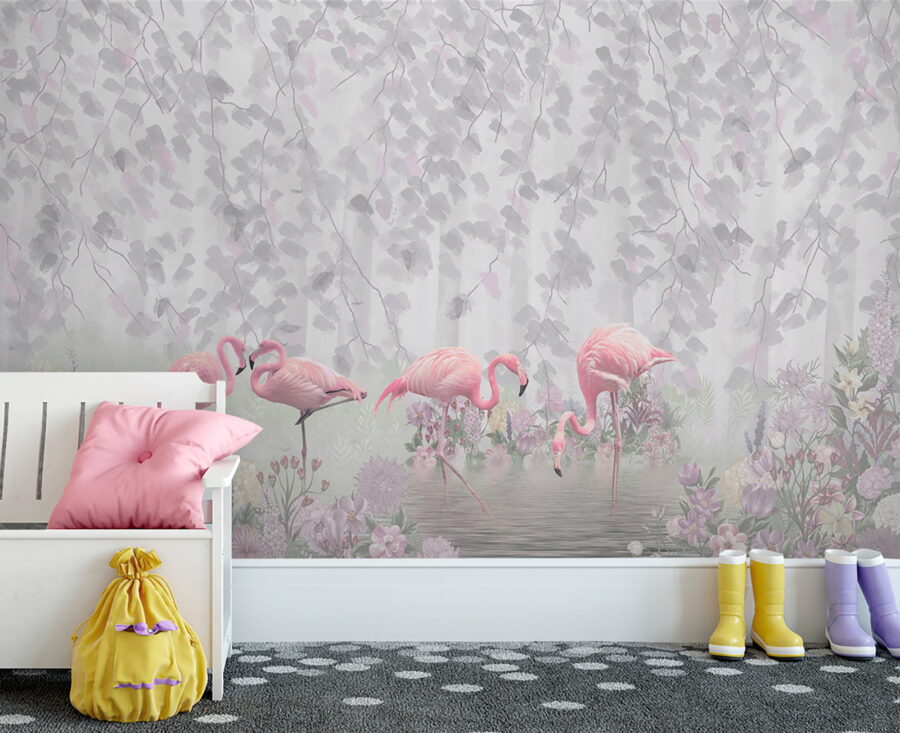 Group of pink flamingos in a pond with flowers u60027pir3m 900x733 - Group of pink flamingos in a pond with flowers - tegory