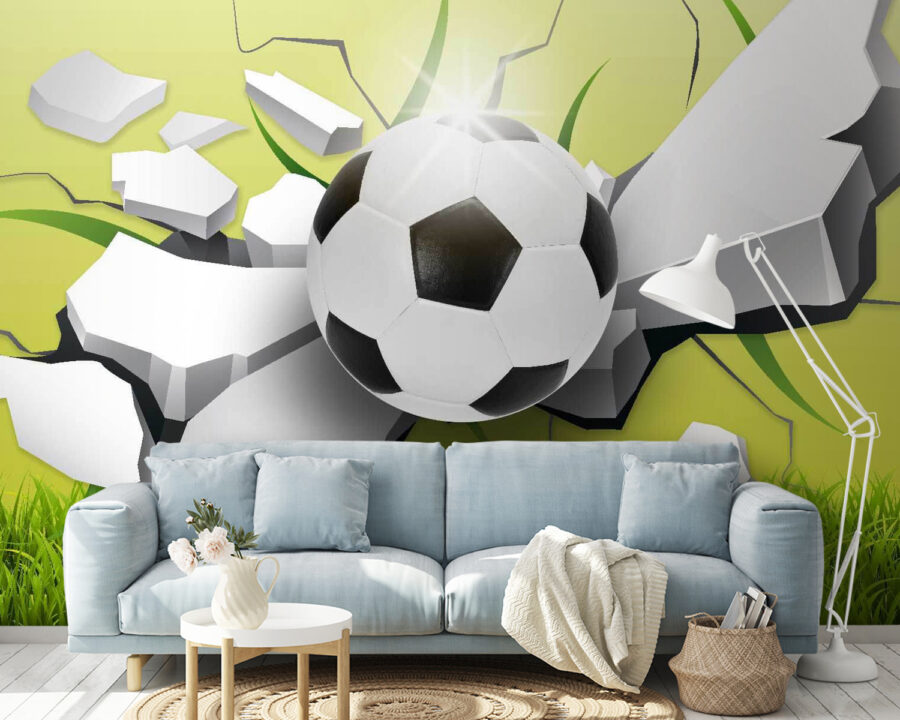 Football ball breaking through a wall