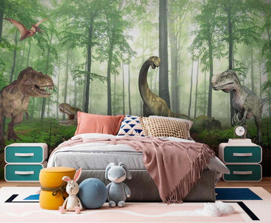 Group of dinosaurs in a forest