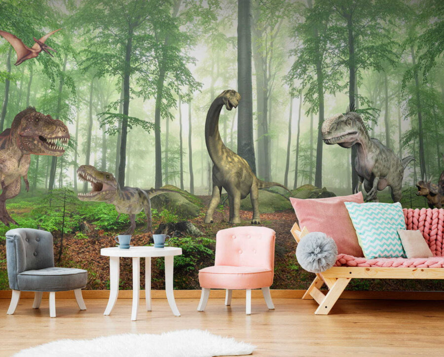 Group of dinosaurs in a forest