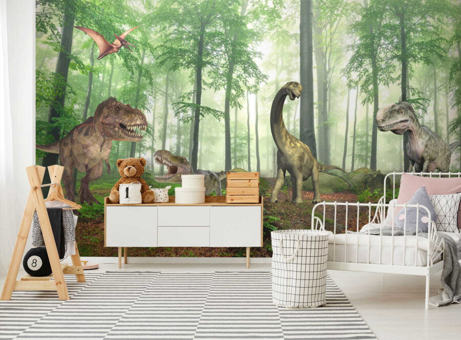 Group of dinosaurs in a forest