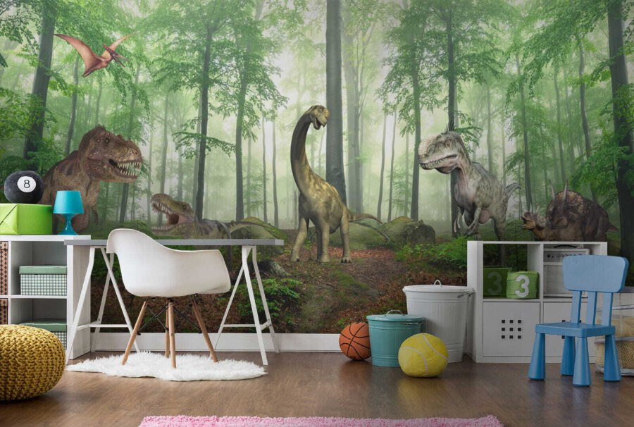 Group of dinosaurs in a forest