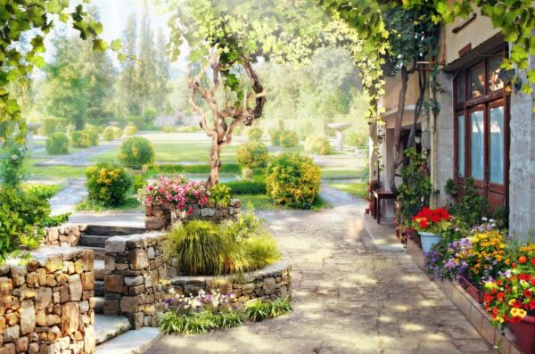 Stone walkway with a tree and flowers Stone walkway with a tree and flowers