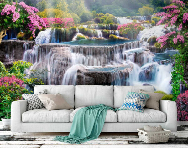 Waterfall with flowers and trees Waterfall with flowers and trees