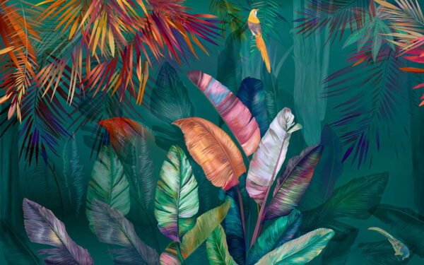 Colorful tropical leaves and birds Colorful tropical leaves and birds