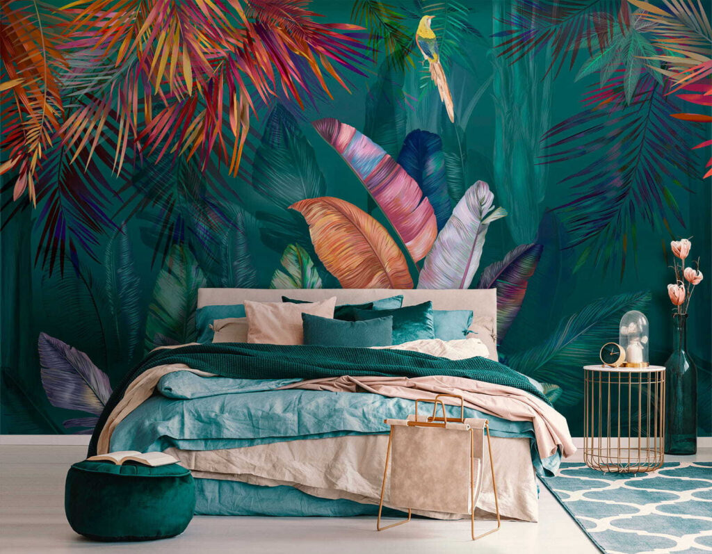 Colorful tropical leaves and birds