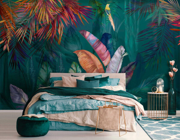 Colorful tropical leaves and birds Colorful tropical leaves and birds