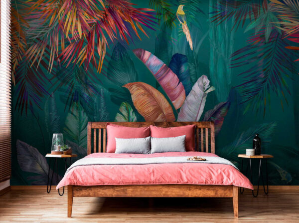 Colorful tropical leaves and birds Colorful tropical leaves and birds