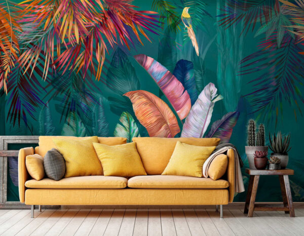 Colorful tropical leaves and birds Colorful tropical leaves and birds