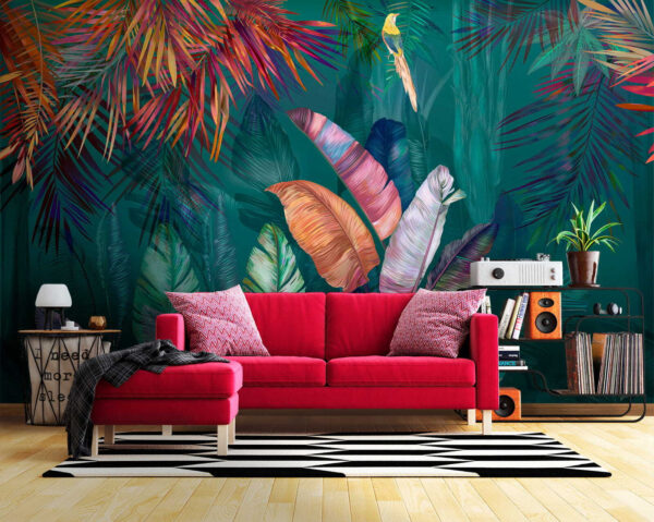 Colorful tropical leaves and birds Colorful tropical leaves and birds