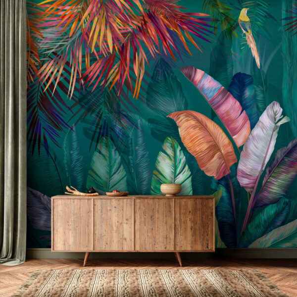 Colorful tropical leaves and birds Colorful tropical leaves and birds